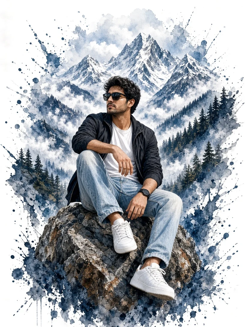 Man on Rock Mountain Splash Effect Portrait