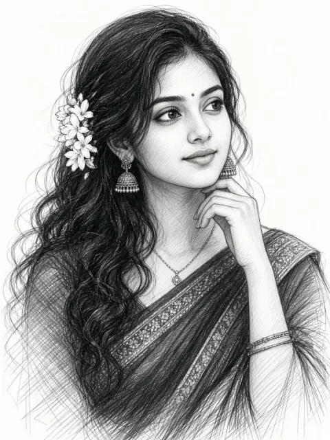 Beautiful Indian Woman Saree Pencil Sketch