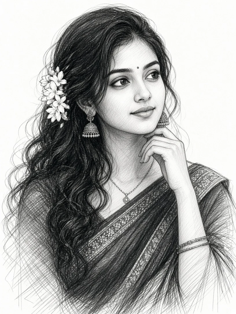 Beautiful Indian Woman Saree Pencil Sketch