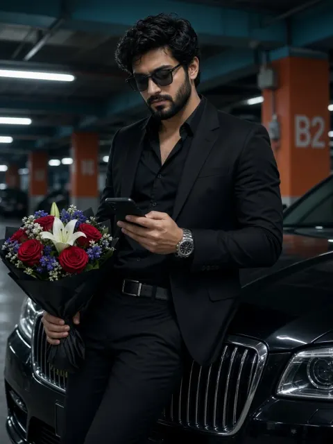 Man Waiting with Bouquet in Garage
