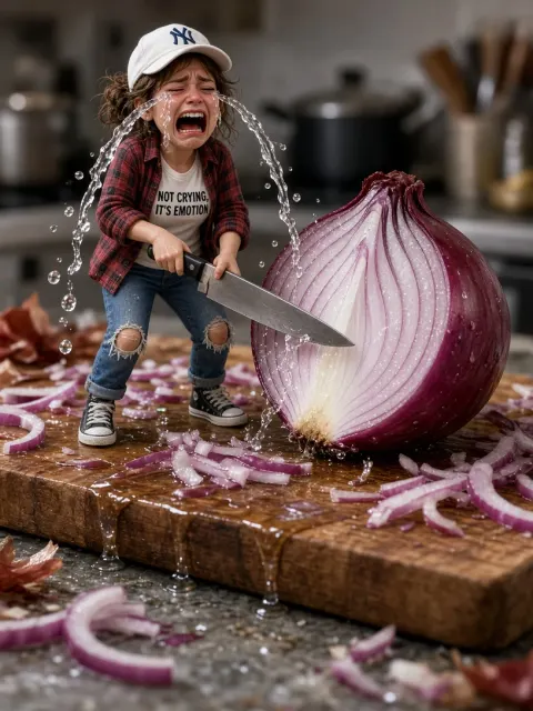 Funny Tiny Woman Crying Cutting Onion Photo Prompt