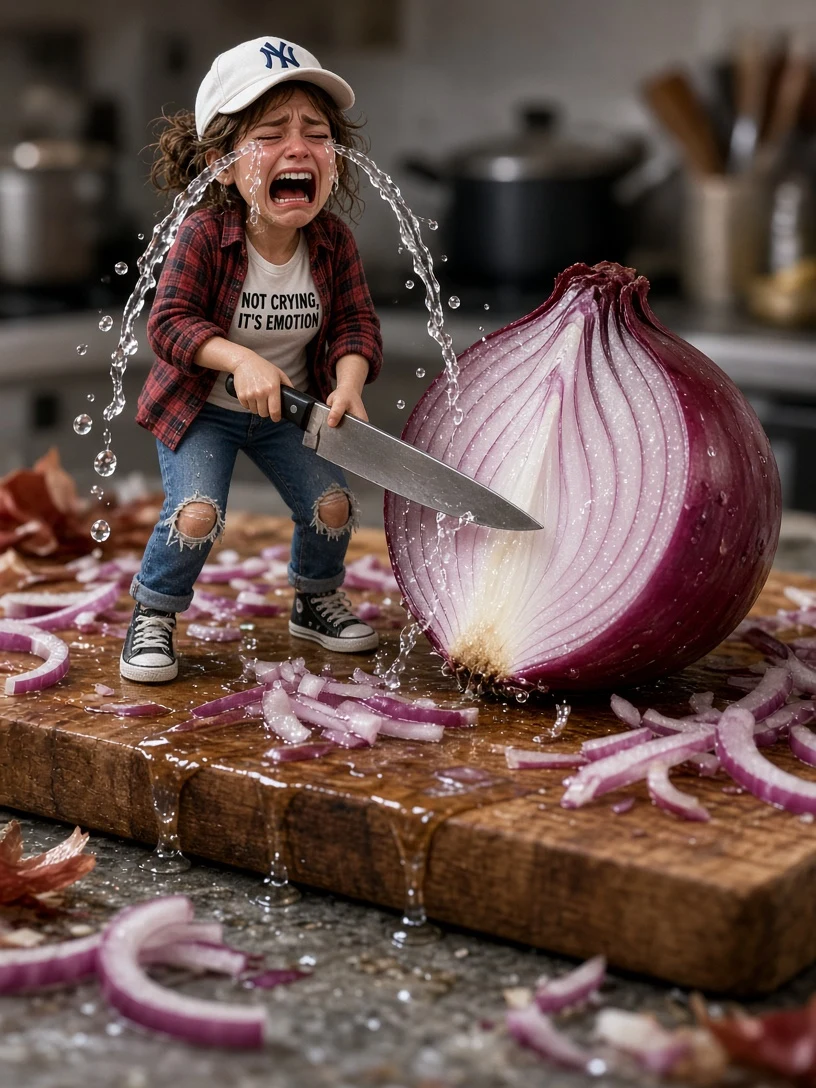 Funny Tiny Woman Crying Cutting Onion Photo Prompt