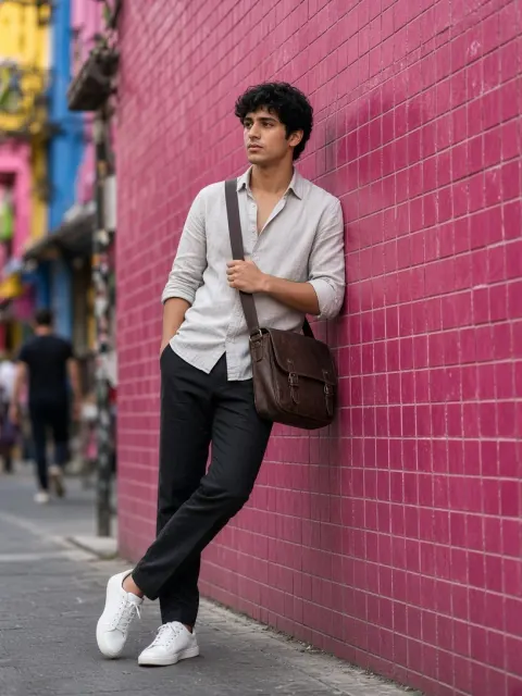 Man Leaning on Vibrant Pink Tiled Wall