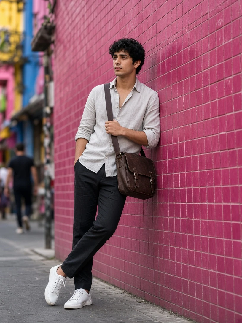 Man Leaning on Vibrant Pink Tiled Wall