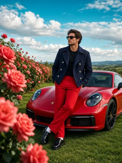 Red Sports Car and Stylish Man