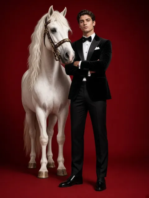 Elegant Man in Tuxedo with White Horse