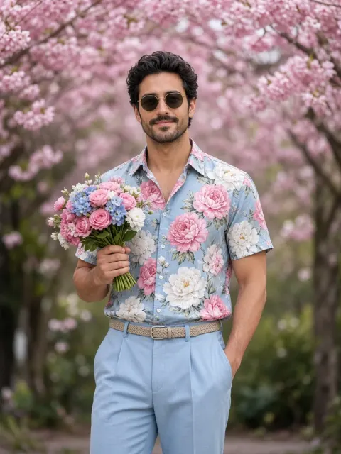 Man with Roses in a Sakura Garden