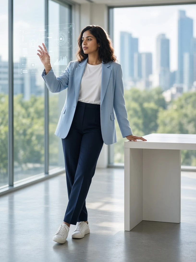 Woman Futuristic Holographic Screen Office AI Photo Prompt