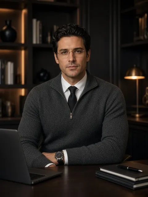 Businessman at Office Desk with Laptop Portrait