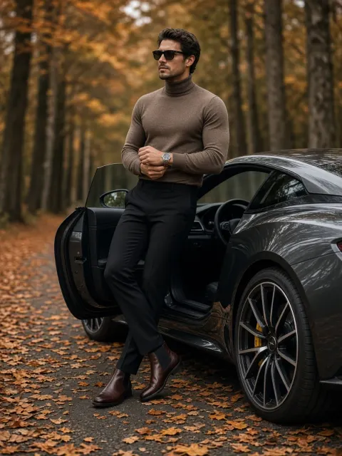 Stylish Man with Sports Car in Autumn Forest