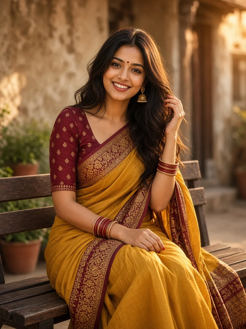 Graceful Saree Portrait in Heritage Courtyard
