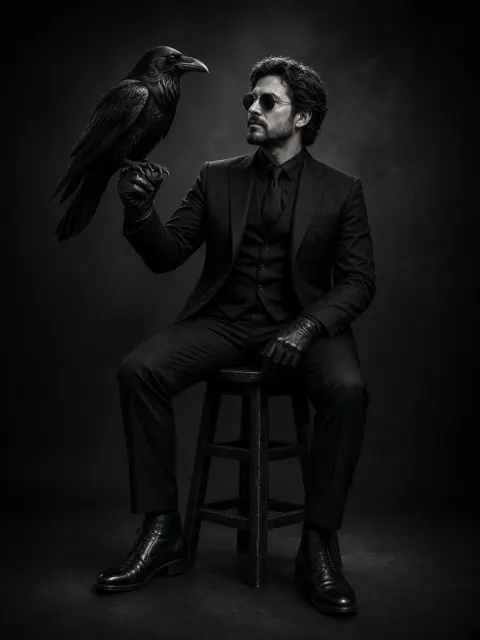 Man in Black Suit with Raven Studio Portrait