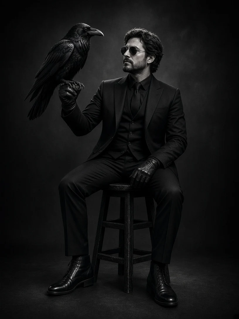 Man in Black Suit with Raven Studio Portrait