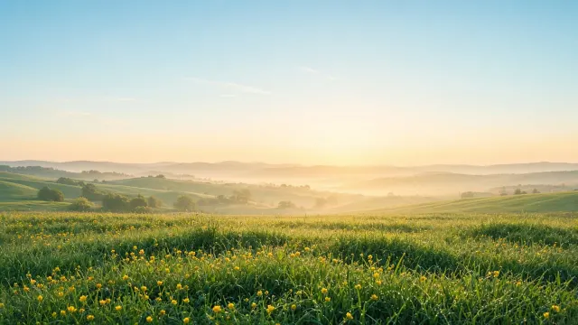 Dewy Morning Meadow with Golden Spring Horizon Wallpaper