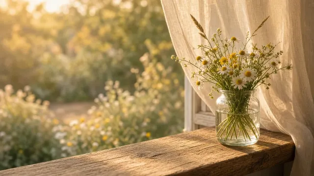 Sunlit Rustic Windowsill with Fresh Spring Chamomile Wallpaper