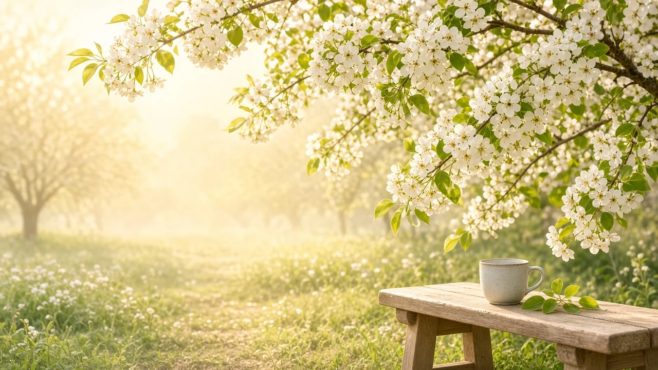 Blooming Pear Orchard Picnic in Morning Glow Wallpaper