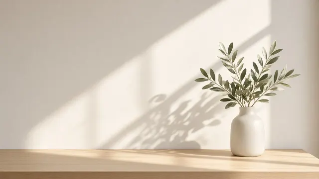 Bright Scandinavian Workspace with Fresh Olive Twig Wallpaper