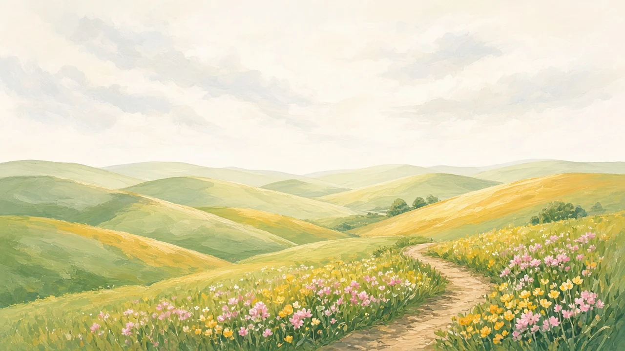 Pastel Gouache Landscape of Rolling Spring Hills Wallpaper