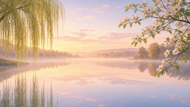 Glassy Spring Lake at Dawn with Weeping Willows Wallpaper