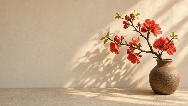 Wabi-Sabi Flowering Quince in Ceramic Vase Wallpaper