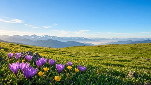 Alpine Spring Meadow with Wild Crocuses Wallpaper
