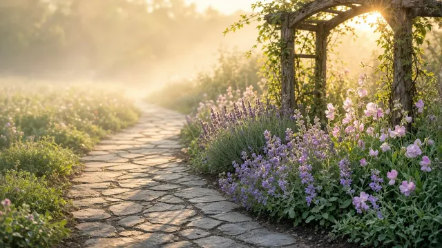 English Cottage Garden Path in Golden Dawn Light Wallpaper