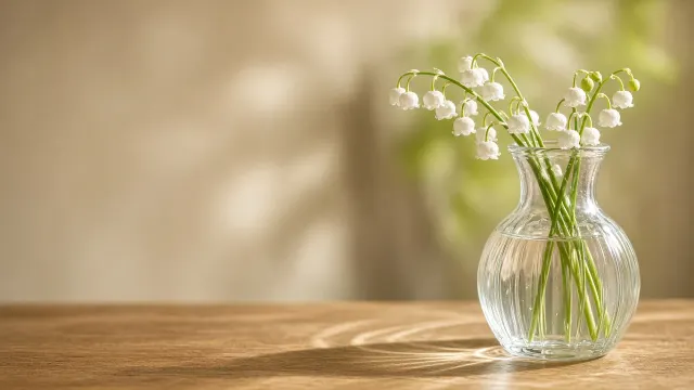 Lily of the Valley in Glass Carafe on Sunlit Oak Wallpaper