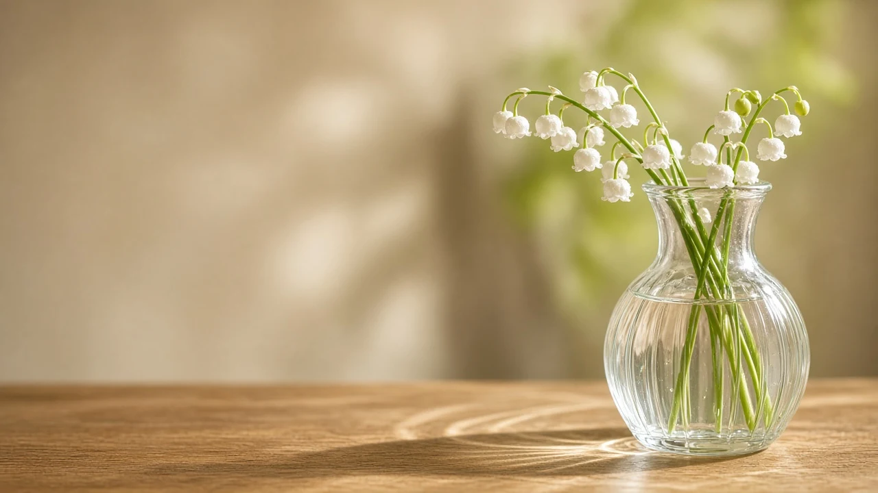 Lily of the Valley in Glass Carafe on Sunlit Oak Wallpaper
