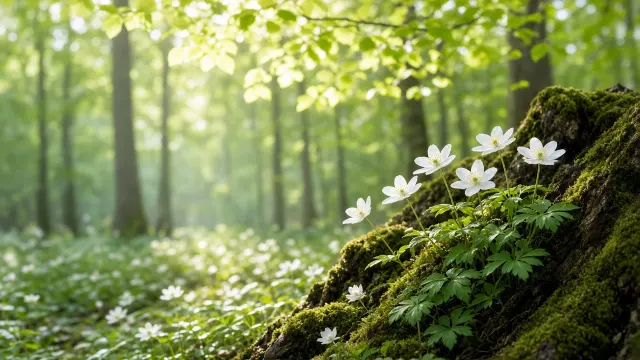 Mossy Forest Awakening with Wood Anemones Wallpaper