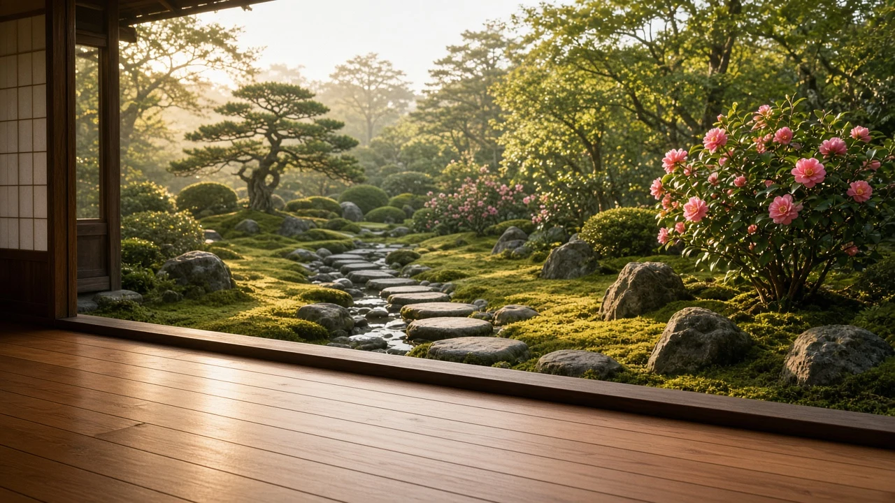 Zen Veranda Overlooking Spring Moss Garden Wallpaper