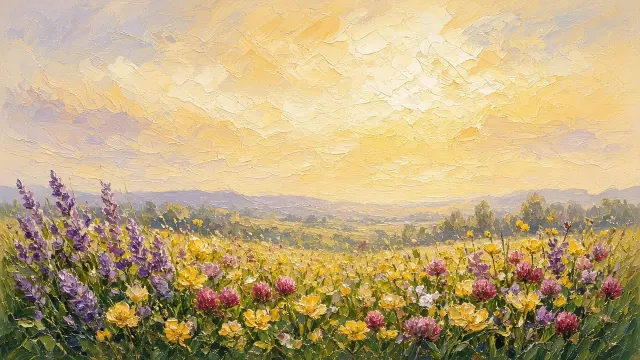 Impressionist Spring Wildflower Meadow Oil Painting Wallpaper