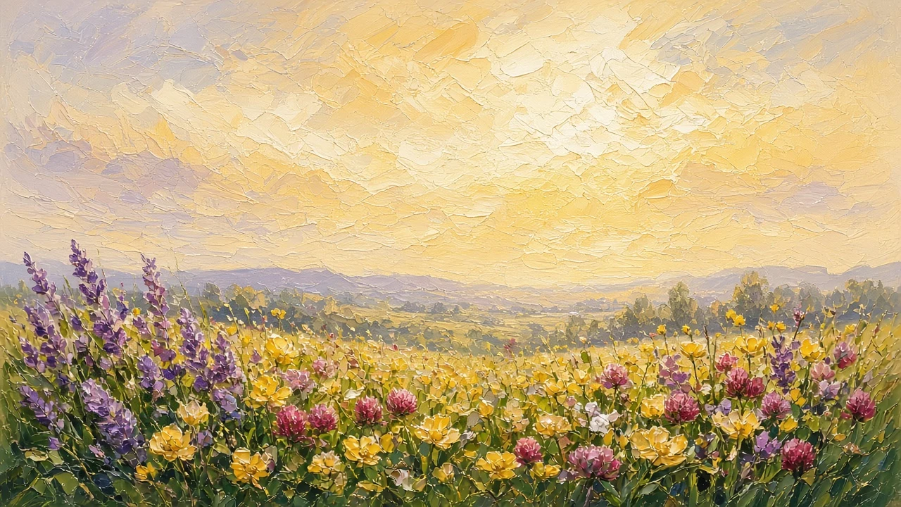 Impressionist Spring Wildflower Meadow Oil Painting Wallpaper