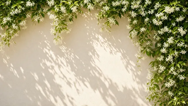 Sunlit White Courtyard with Blooming Jasmine Vines Wallpaper