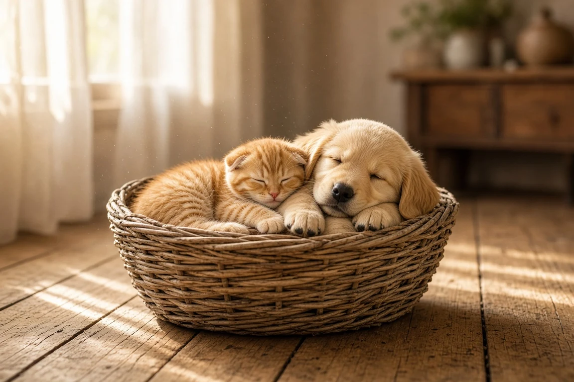 Sunlit Basket Slumber with Ginger Kitten and Golden Retriever Pup