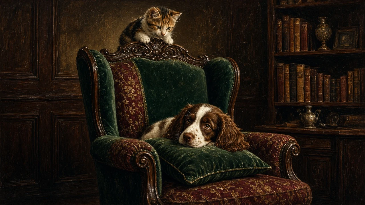 Classical Oil Study of Calico Kitten and Springer Spaniel Pup in Armchair