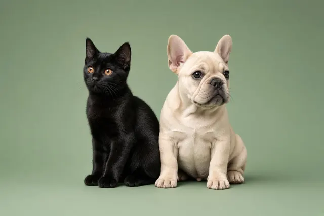 Minimalist Studio Portrait of Black Bombay Kitten and Cream French Bulldog