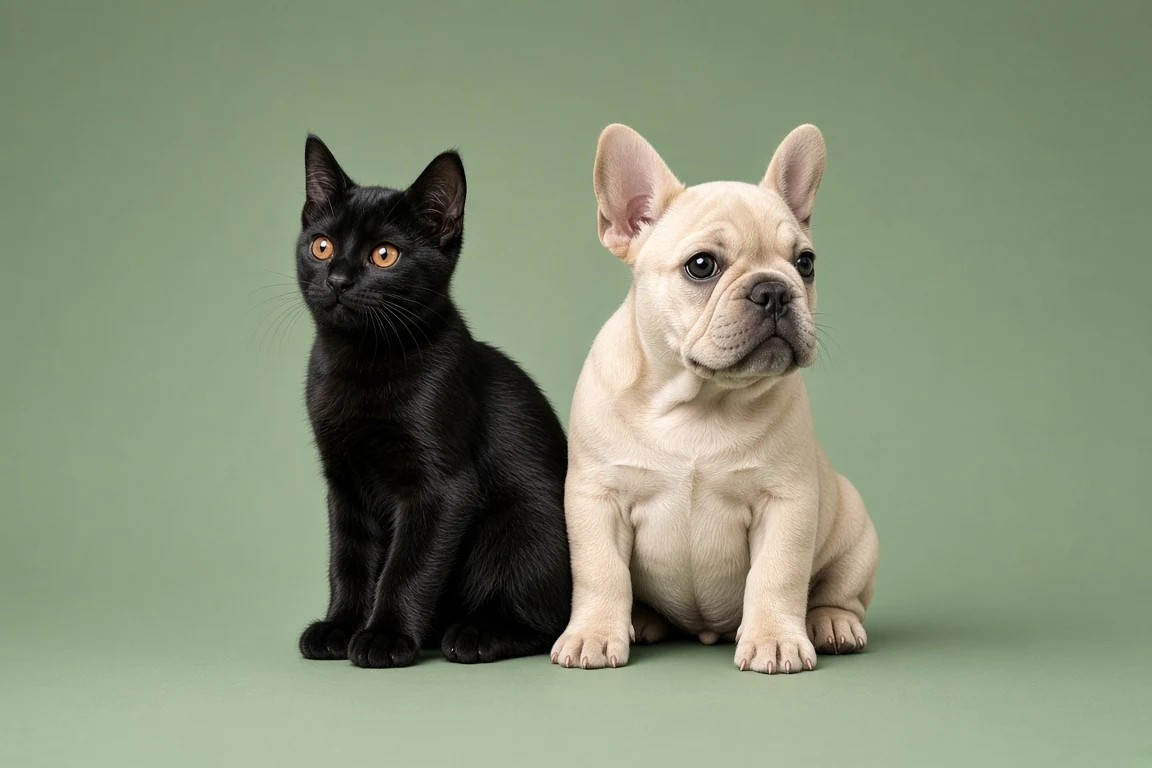 Minimalist Studio Portrait of Black Bombay Kitten and Cream French Bulldog