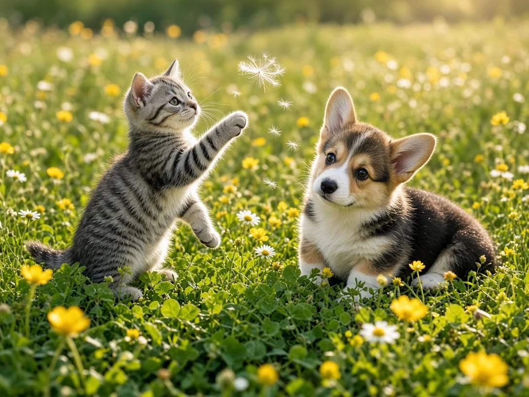 Summer Meadow Discovery with Gray Tabby and Welsh Corgi Pup
