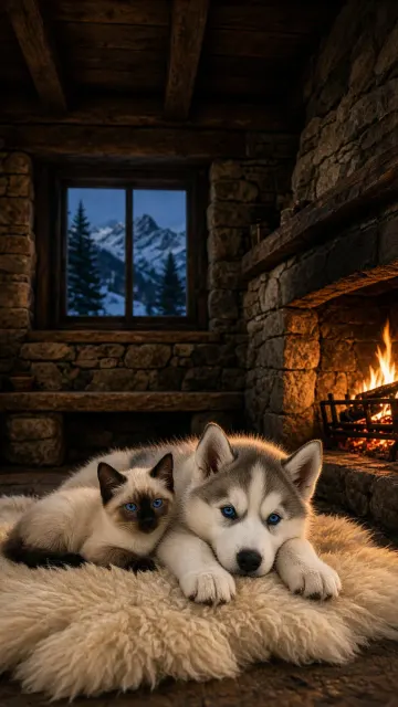 Fireplace Hearth Harmony with Siamese Kitten and Siberian Husky Pup