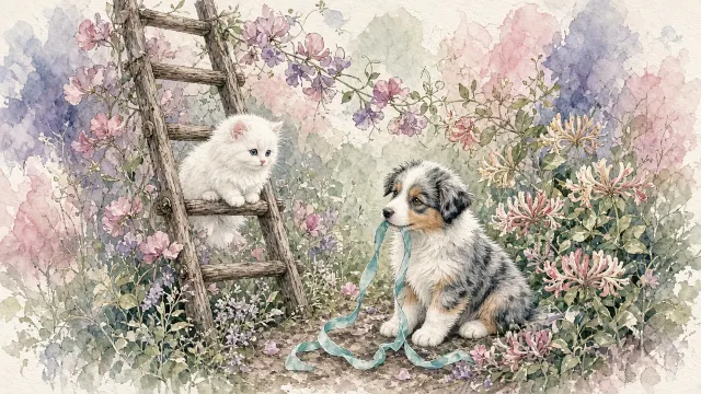 Delicate Botanical Watercolor of Persian Kitten and Australian Shepherd Pup