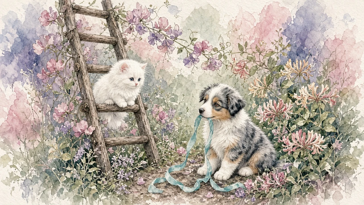 Delicate Botanical Watercolor of Persian Kitten and Australian Shepherd Pup
