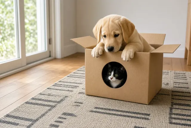 Cardboard Box Hide-and-Seek with Tuxedo Kitten and Yellow Lab Pup