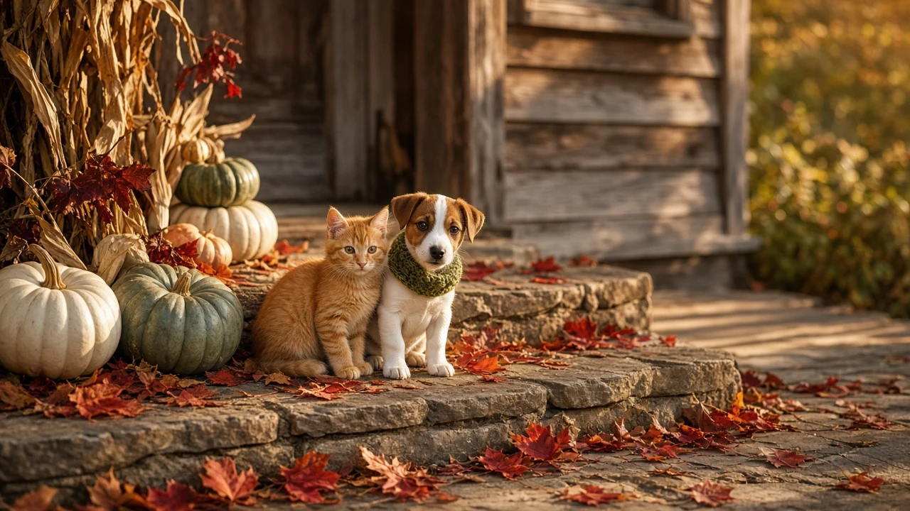 Autumn Veranda Still Life with Orange Tabby and Jack Russell Pup