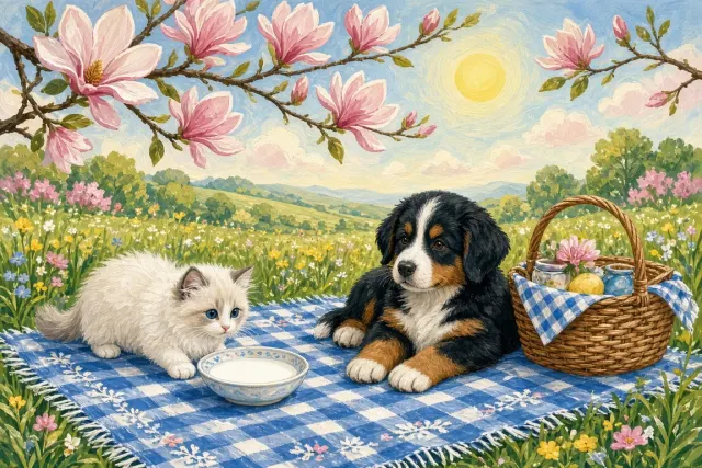 Gouache Storybook Picnic with Ragdoll Kitten and Bernese Mountain Pup