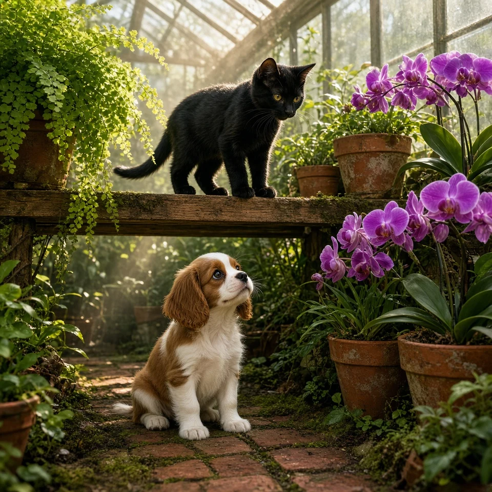 Sunlit Greenhouse Stroll with Black Shorthair Kitten and Cavalier King Charles