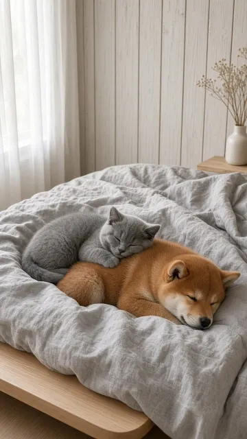 Nordic Bedroom Serenity with British Shorthair and Shiba Inu Pup