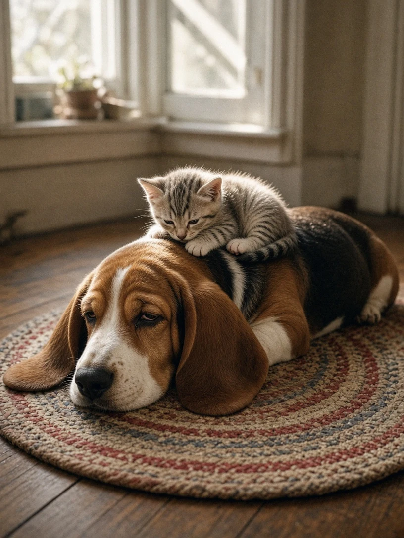 Nostalgic Film Portrait of Silver Shorthair Kitten and Basset Hound Pup