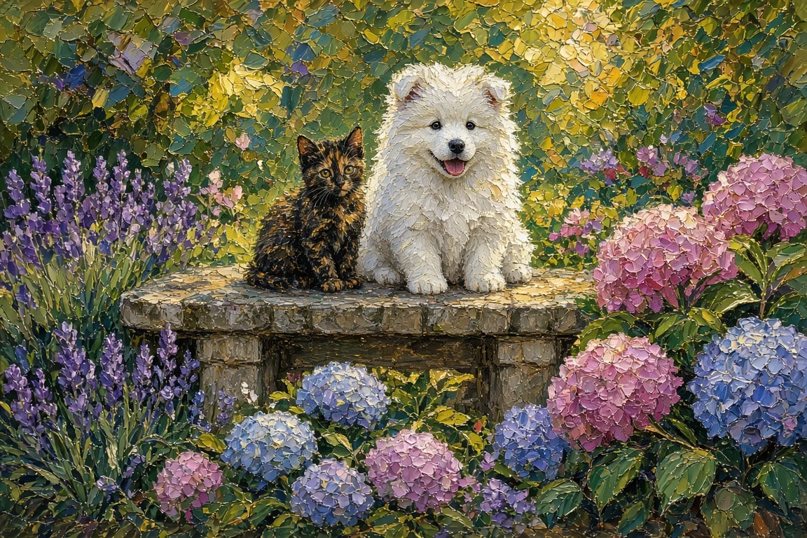 Impasto Garden Impression with Tortoiseshell Kitten and Fluffy Samoyed Pup