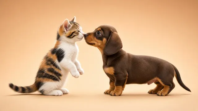 Pastel Studio Nose-Boop with Calico Kitten and Smooth Dachshund Pup