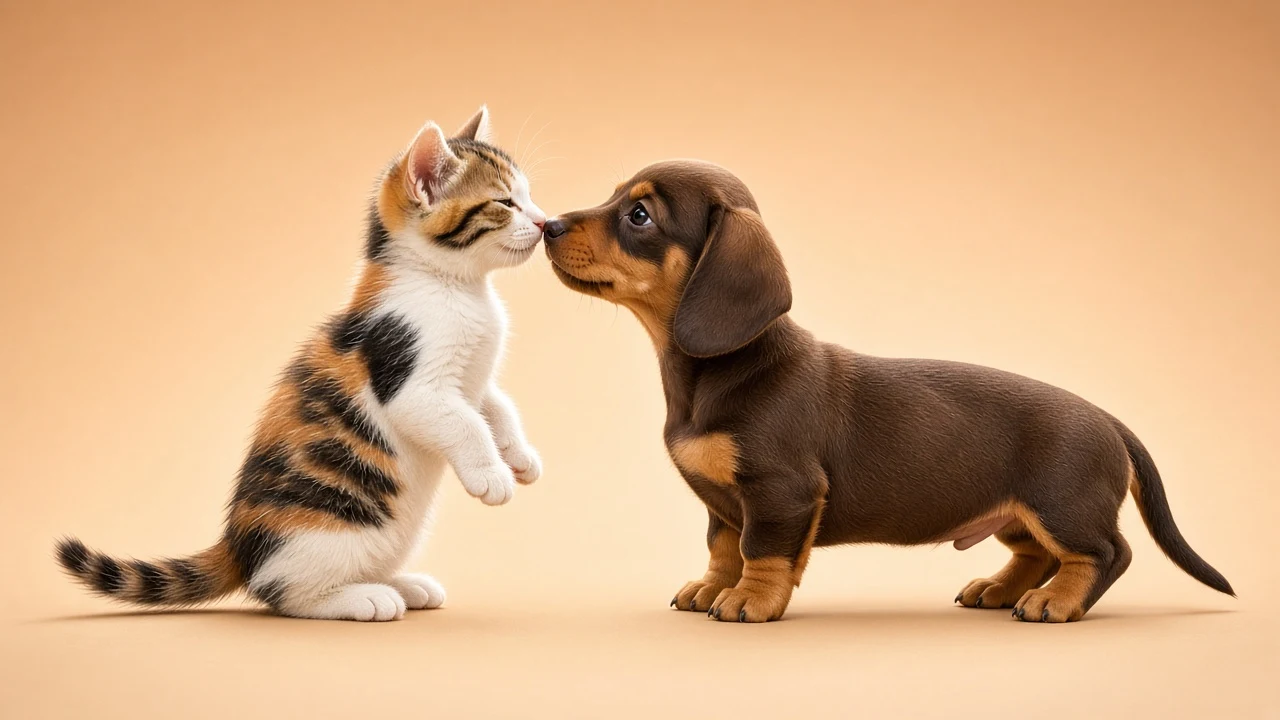 Pastel Studio Nose-Boop with Calico Kitten and Smooth Dachshund Pup